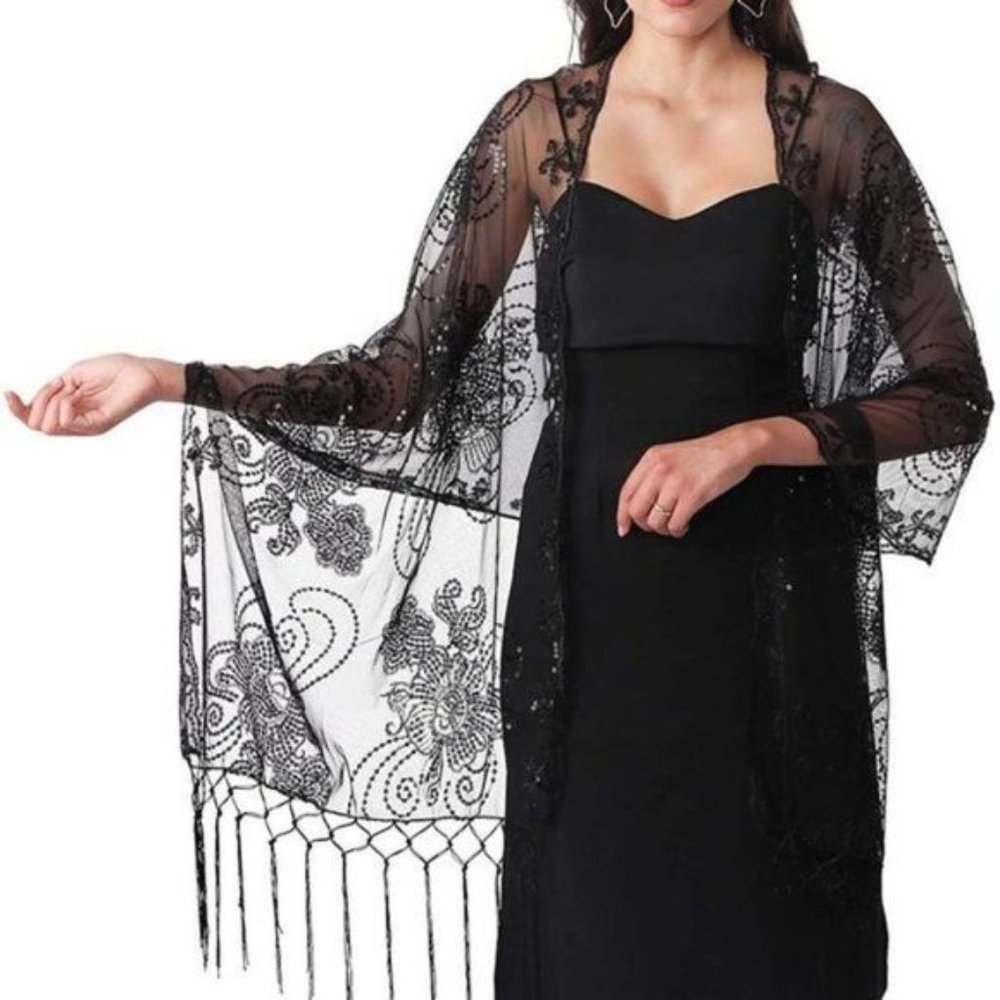 Scarf Mesh Sequin Shawl Wrap Black